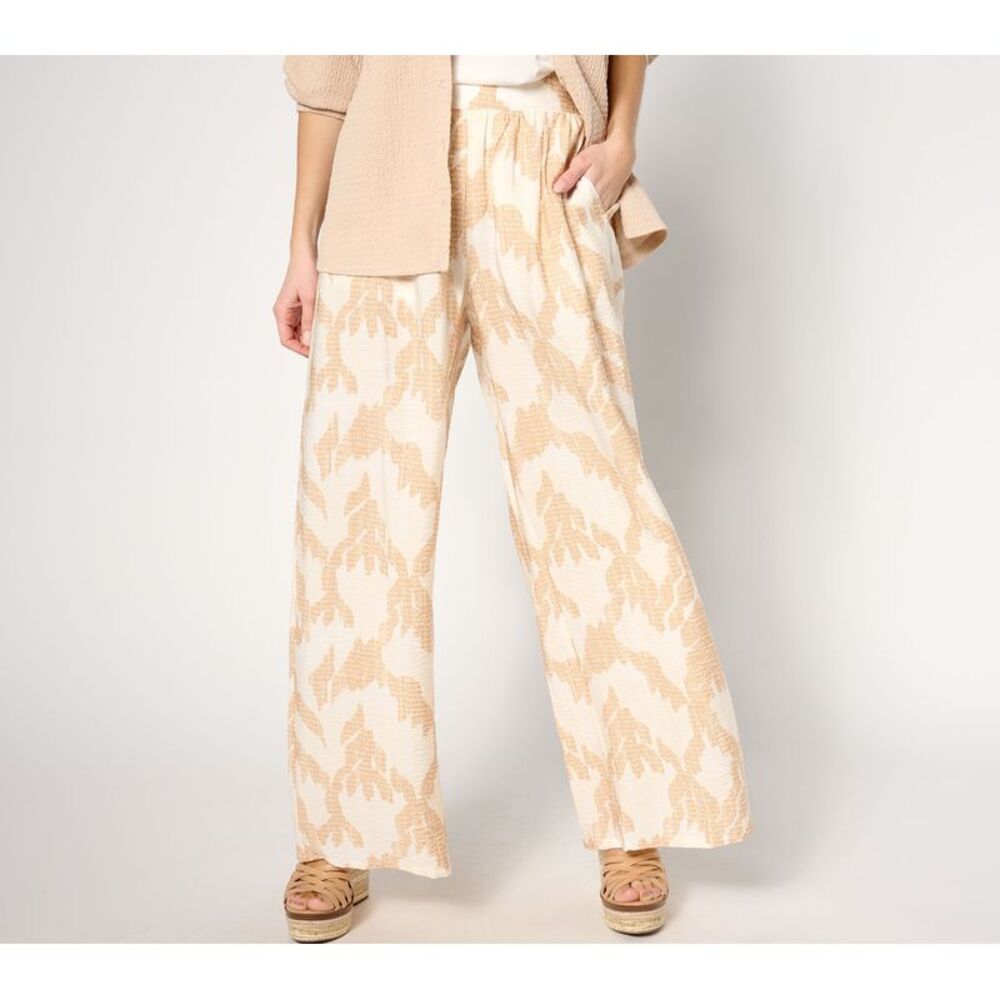 Peace Love World Women's Pants Sz L Boheme Printed Pull-On Wide Leg Brown